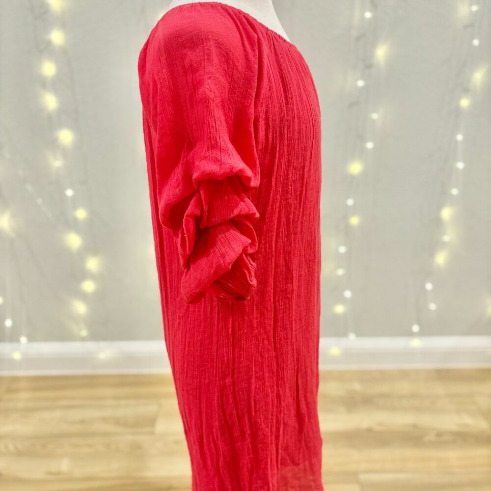 Boho Peasant Dress Pink Crinkle Gauze Ruffle Sleeve Midi Cover-Up - Picture 2 of 5